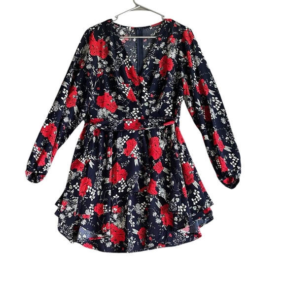 WOMENS FLORAL LAYERED MINI DRESS DEEP V-NECK BACK ZIPPER LONG SLEEVE SZ M - Picture 6 of 13